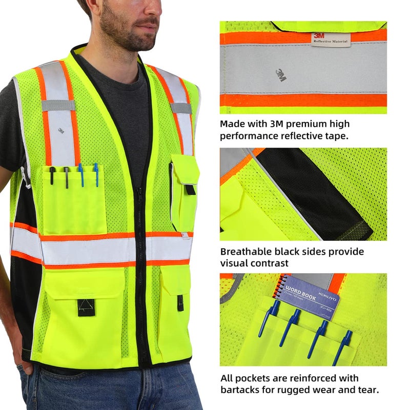 Dib Safety Reflective Vest Yellow Mesh, High Visibility Vest with Pockets and Zipper, ANSI Class 2 Heavy Duty, Made with 3M Reflective Tape L - Image 2